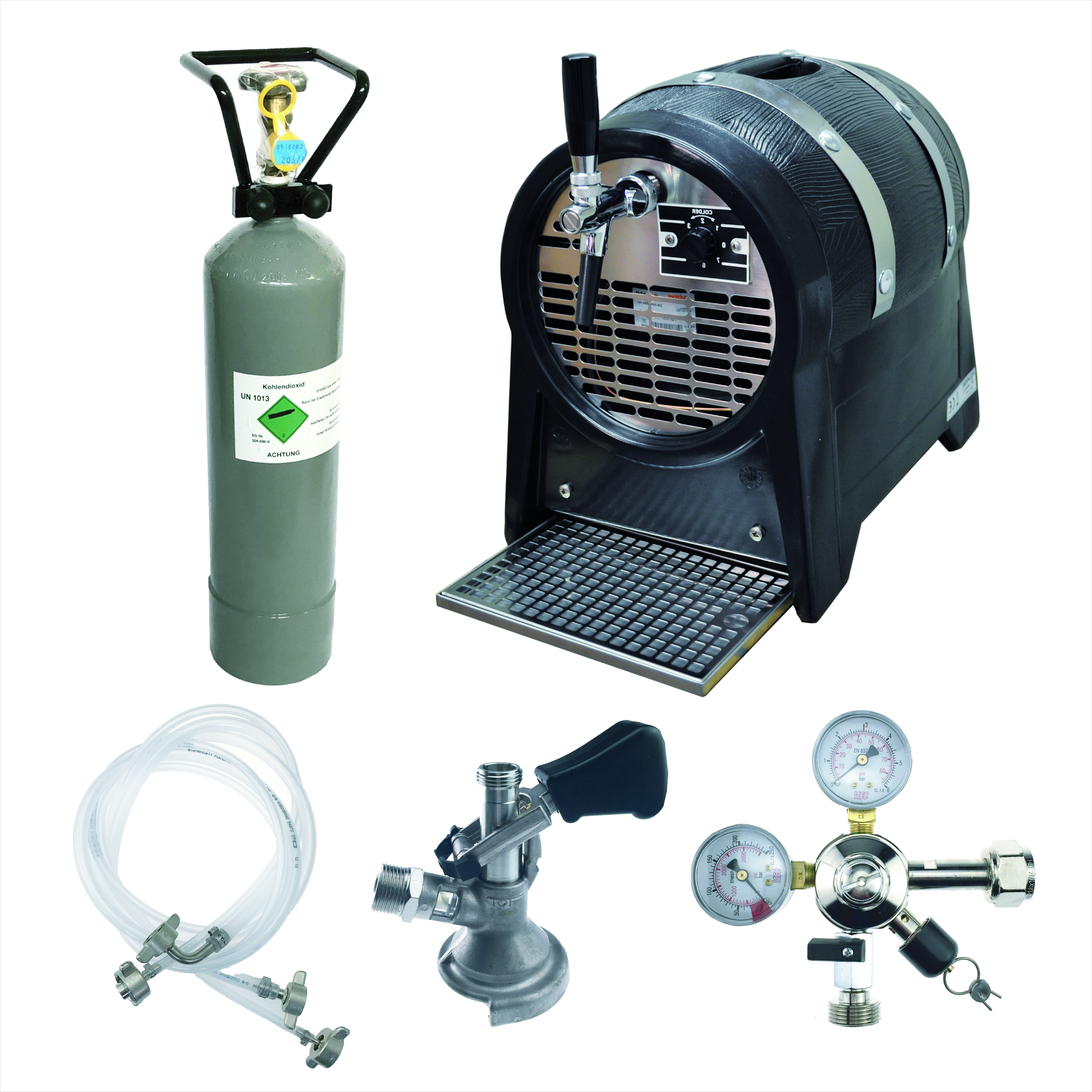 Cerveza-tapping-sistema-fiesta-keg-completo-set-60-lh-tapping-capacidad Bierzapfanlage 60 l/h, Co2 Druckminderer, Zapfkopf, Co2 Flasche, Leitungen-SA02-FlaKomp05M-Bierzapfanlage 60 l/h, Co2 Druckminderer, Zapfkopf, Co2 Flasche, Leitungen-getraenkezapfanlagen.net