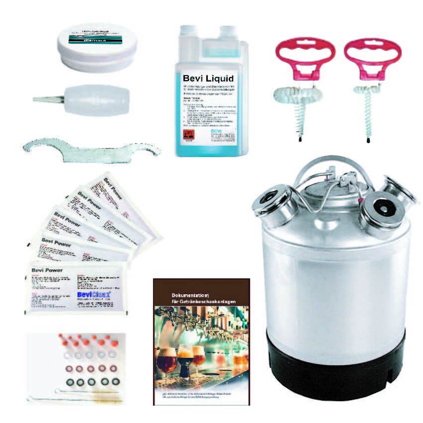Kit de limpieza de grifos Premium Reinigungsset für Zapfanlage Premium-GZA11050M-Reinigungsset, Zapfanlage, Premium, Edelstahl, Reinigungsbehälter, Reinigungsmittel, Alkalisch, Sauer, Keg Zapfkopf Bürste, Schankhahnbürste, Schwammgummikugel, Zapfhahnreinigungspumpe, Zapfhahnschlüssel, Sch