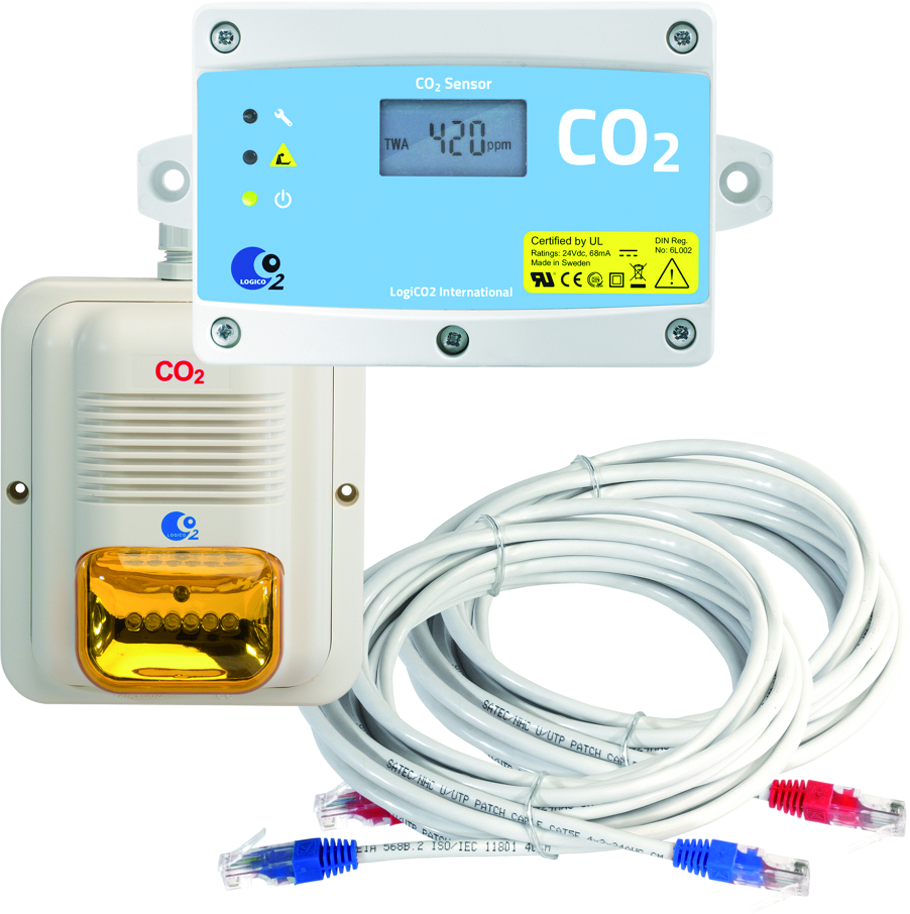 2117 CO2 Warnsystem-Sensorsatz Mk9 4A-2117-CO2 Warnsystem, CO2 Detektorsatz, CO2 Sensorsatz, CO2 Überwachung, Zweiraumüberwachung, CO2 Detektor, Horn/LED Stroboskop, Strom-/Kommunikationskabel, Steckerverriegelung, Signalkabel, RJ45 Stecker, Handbuch, H/S-Schi